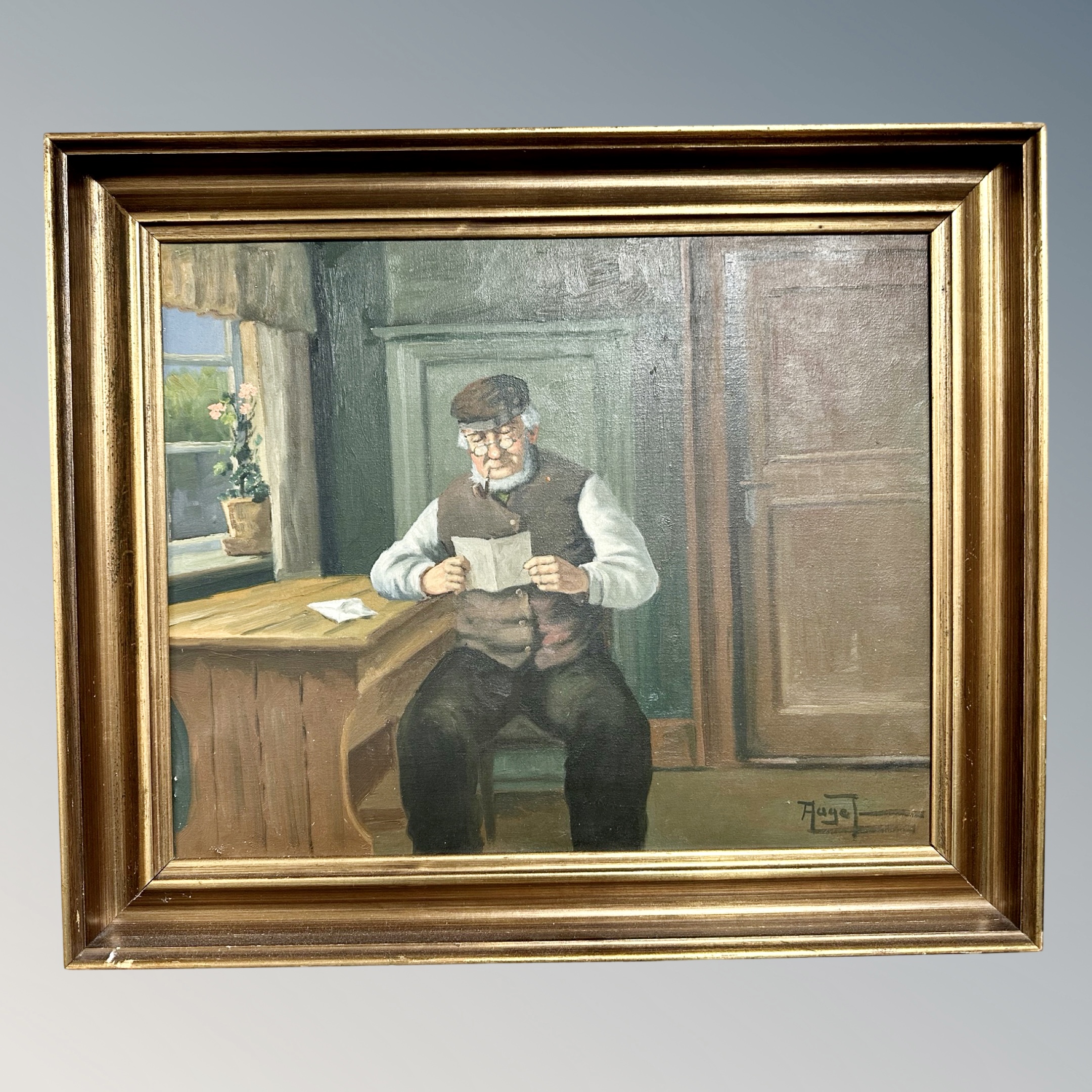 Danish School : A man reading in a cottage interior, oil on canvas, - Image 2 of 2