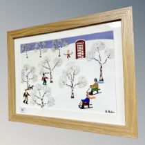 Gordon Barker : Figures sledging and walking in a snowy landscape, oil painting, 34 cm x 24 cm.