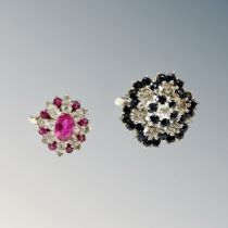 Two 9ct gold cluster rings set with synthetic rubies and sapphires, 10.2g gross.