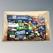A box of mid 20th century and later die cast and plastic vehicles including Dinky,