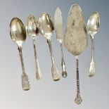 Six pieces of silver cutlery to include three Newcastle silver teaspoons,