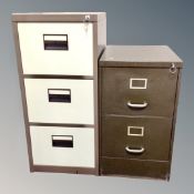 A vintage two-drawer metal filing cabinet with key and a further three drawer filing cabinet with