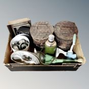 A box of kitchenalia : mincer, two storage tins, flask,