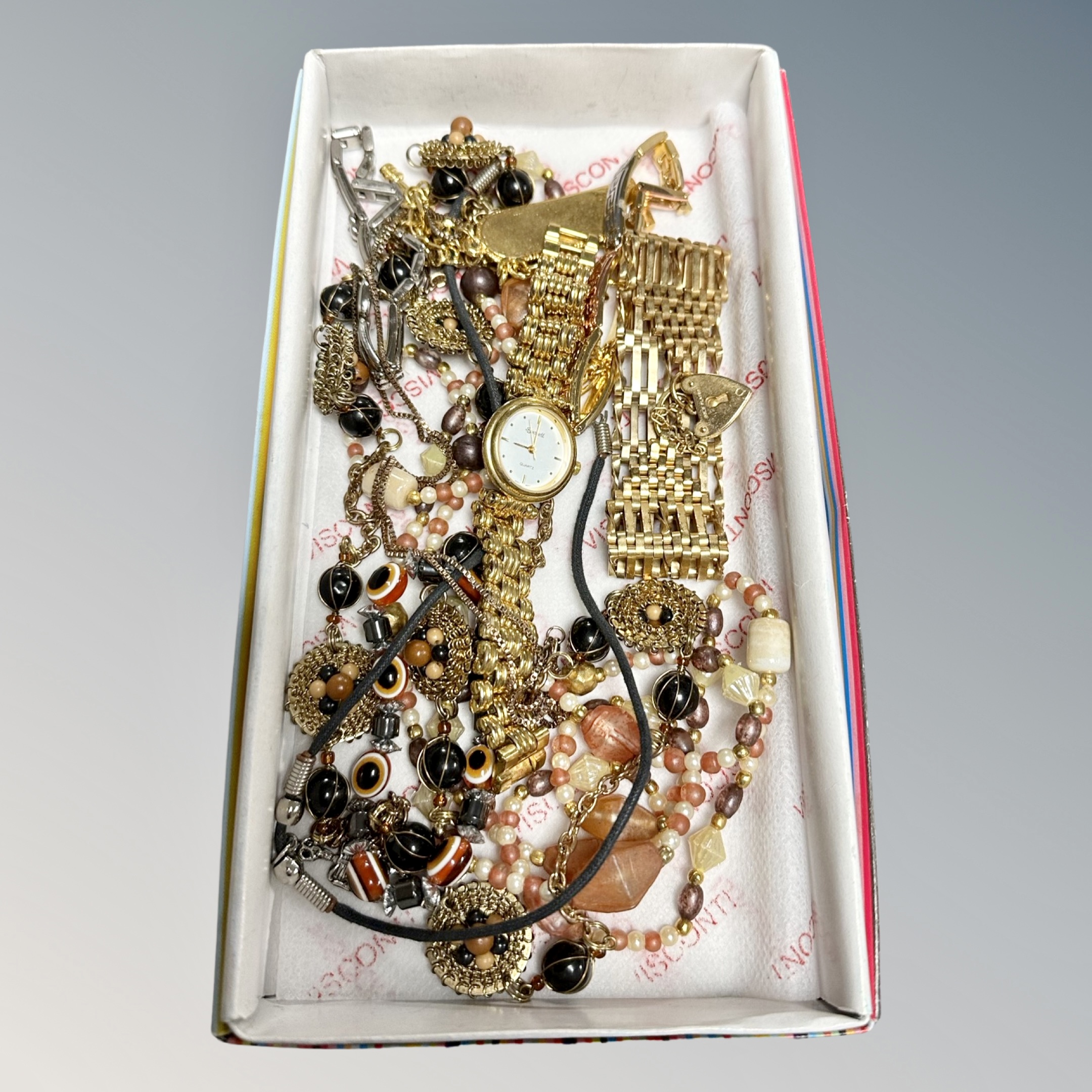 A small quantity of costume jewellery, gilt padlock bracelet,