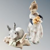 Two Lladro figures : Valencia Girl 4841 and Rabbit Eating 4773 (2)