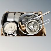 A quantity of kitchen pots and pans, large whisk, twin handled aluminium pot etc.