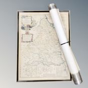 A hand coloured new and improved map of Northumberland in Hogarth frame and a roll of maps