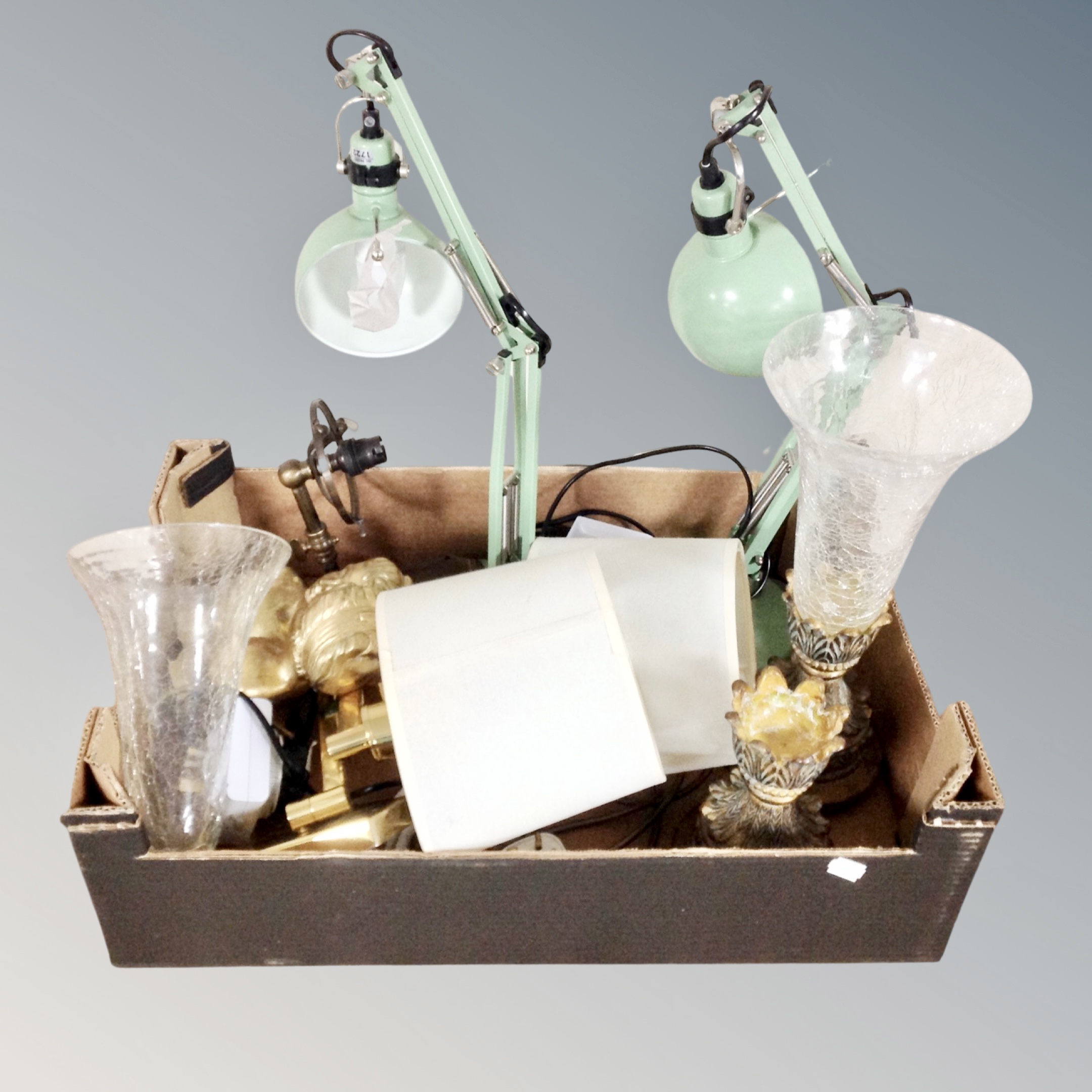 Two boxes of two angle poised lamps, pair of figural gilt busts, vases, two pendant light fittings.