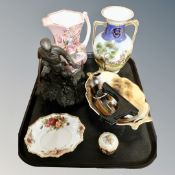 A Maling jug, Noritake vase and dish, trinket box,