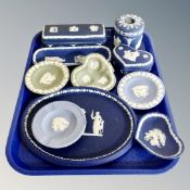 Ten pieces of Wedgwood coloured Jasperware including trinket boxes,