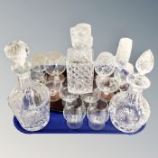 A crystal decanter and set of rummers on twin handled tray together with further decanters and