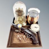 A tray of Schatz anniversary clock under dome, treen biscuit barrel, mid 20th century alarm clock,