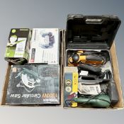 Two boxes of power tools, Performance bench grinder, Wickes circular saw, JCB electric planer,