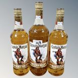 Three X Captain Morgan's Spiced Rum : 1 x 1 litre bottle & 2 x 70 cl bottles.