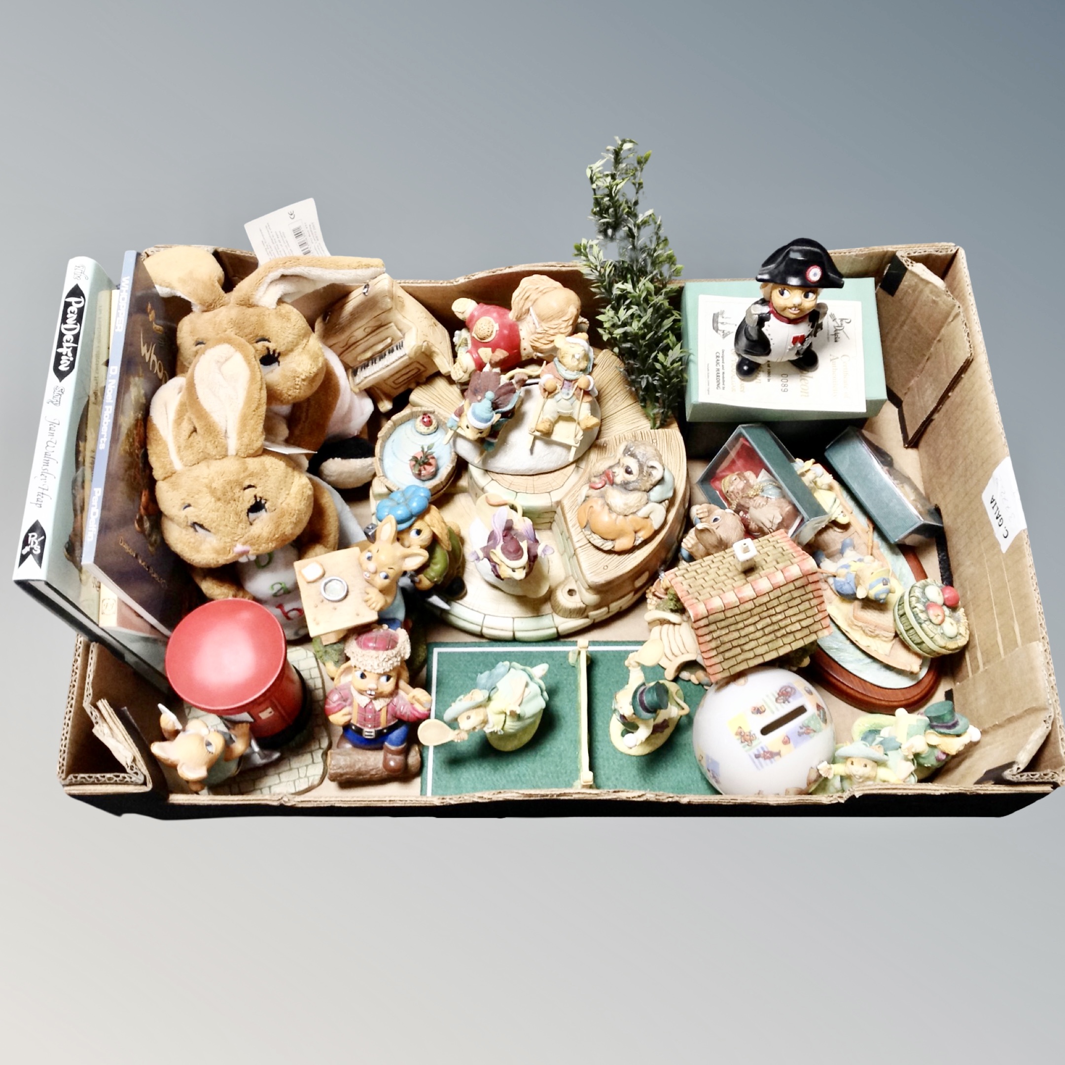 A box of Pendelfin ornaments, stands,