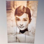A contemporary two-sided canvas screen depicting Audrey Hepburn,