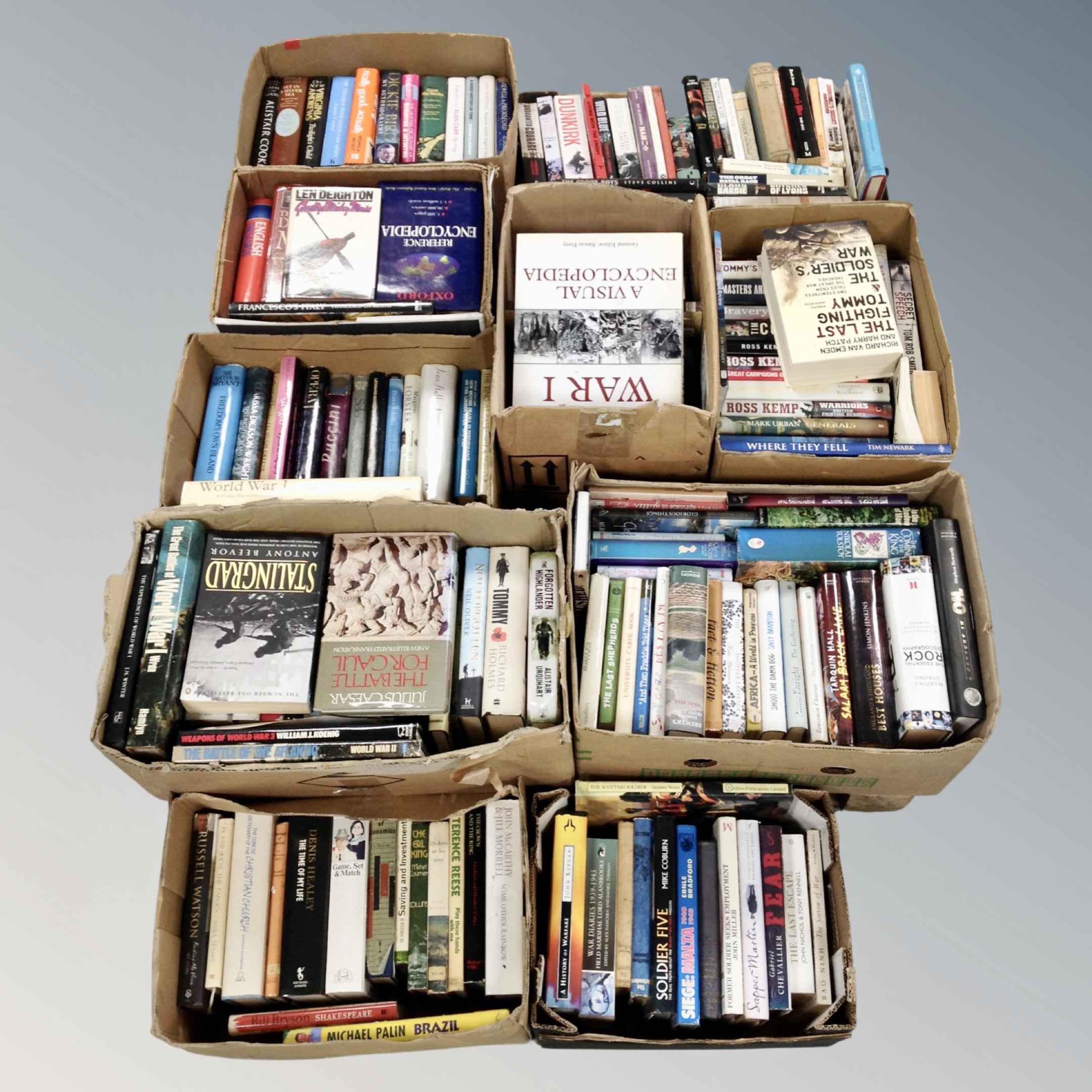 A pallet of ten boxes of hardbacked books, war, Economics, Autobiographies,