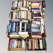 A pallet of seven boxes of hardbacked books, novels, art reference, antiques,