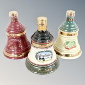 Three Wade Bell's Scotch whisky commemorative decanters : Christmas 1989, 1998, 1999,