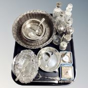 A tray of assorted plated wares : cruet set, wine coaster, silver handled fork, Swizzer,