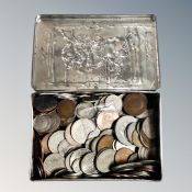 A tin of mixed coins and a last day of legal tender half penny sheet