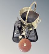 A brass coal bucket, flat irons,