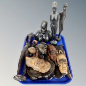 A tray of African carvings, figures,