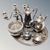 A four-piece Viners silver plated tea service on gallery tray,