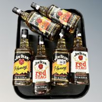 Six x Jim Beam : 2 x Red Stag, 2 x Peach & 2 x Hiney, each bottle 70 cl.