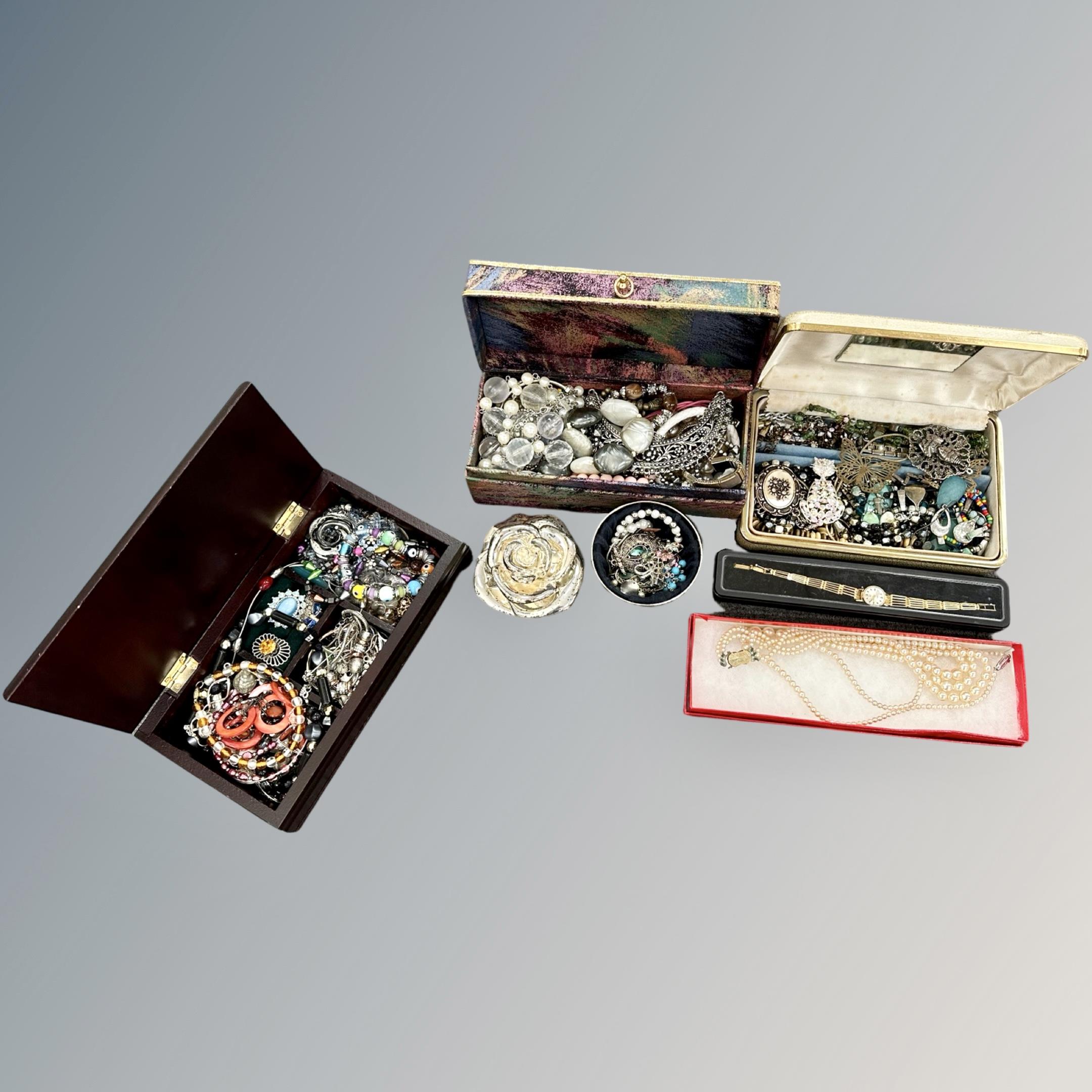 A box of mixed costume jewellery, lady's wristwatch,