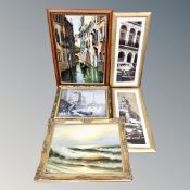 An oil on board depicting a gondola and four further framed pictures