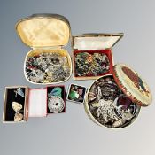 A box of mixed costume jewellery, wristwatch, bead necklaces,