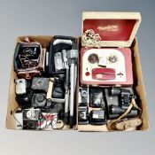 Two boxes of assorted vintage and later cameras, Canon video camera, tripod,