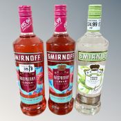 Three x Smirnoff Vodka : 2 x Raspberry Crush & 1 x Green Apple, each bottle 70 cl.