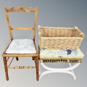 An Edwardian beech chair together with a stool and wicker basket