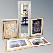 A silvered framed hall mirror, two Egyptian style prints,