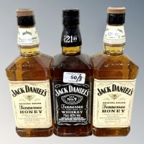Three x Jack Daniels : 1 x Regular & 2 x Honey, each bottle 70 cl.