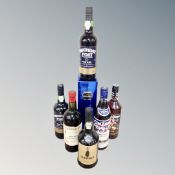 Seven bottles of alcohol : Birthday port, Captain Morgan's rum, Sanderman Port,