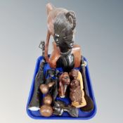 A tray of African carvings, figures,