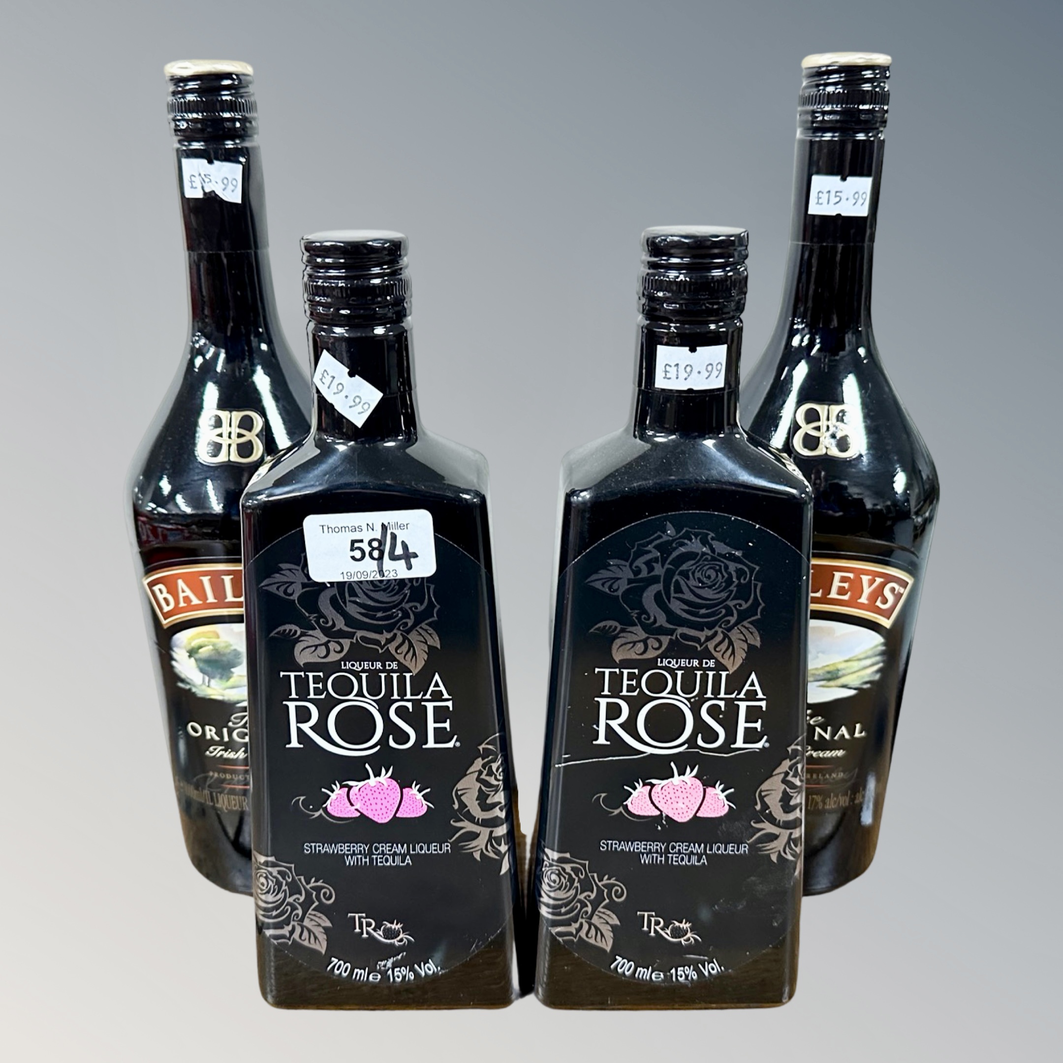 Two x Tequia Rose, each bottle 700 m, together with 2 x Bailey's Irish Cream, each bottle 1 litre.