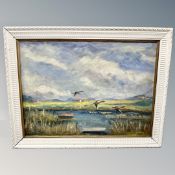 Continental School : Ducks in flight, oil on canvas, 63 x 46 cm.