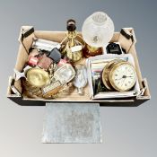 A box of assorted metal wares, ship in whiskey bottle, ship's style wall clock, barometer,