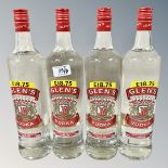 Four x Glen's Vodka, each bottle 1 litre.
