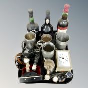 A tray of three bottles of sherry and port, pewter and plated tankards, Gent's watches,