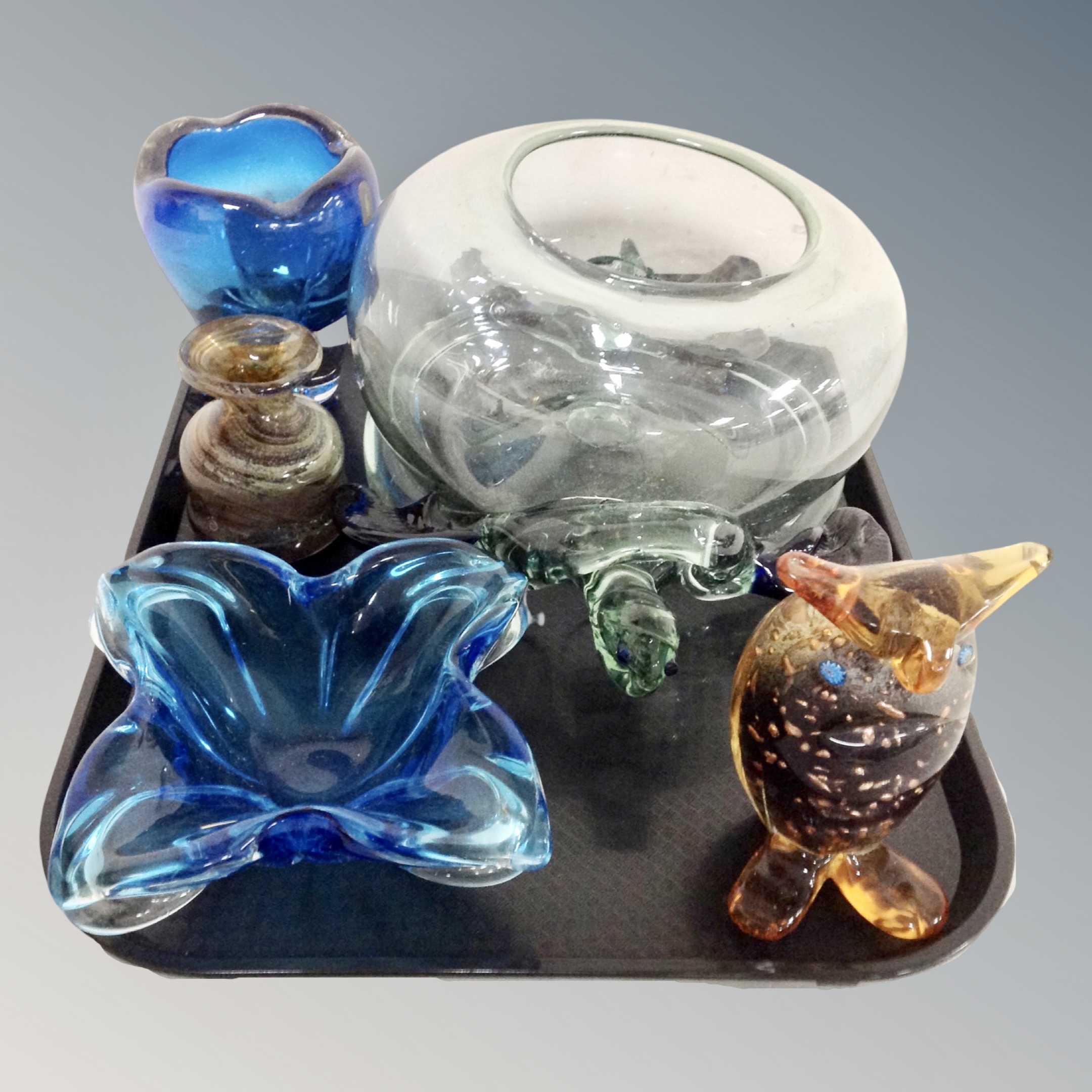 A contemporary glass bowl in the form of a sea turtle, Whitefriars blue glass bowl,