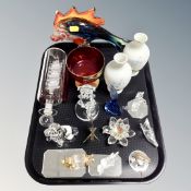 Assorted glass ware including Venetian fish, hand painted opaque vases, crystal ornaments,