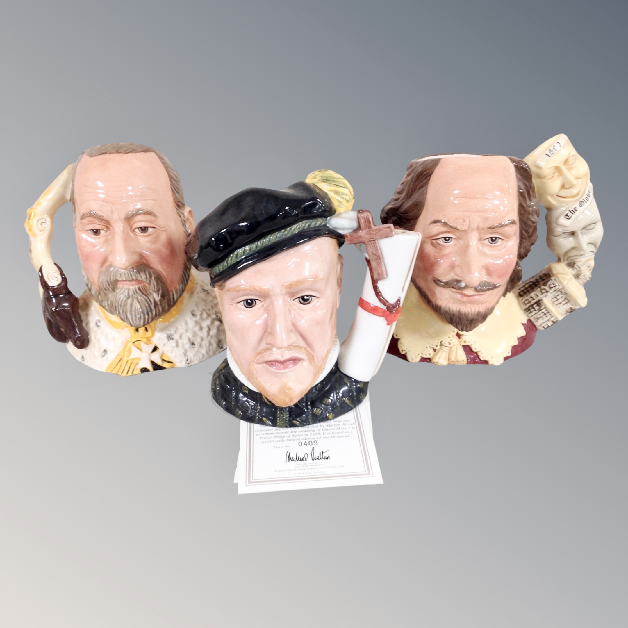 Three Royal Doulton character jugs : Prince Philip of Spain, Edward VII,