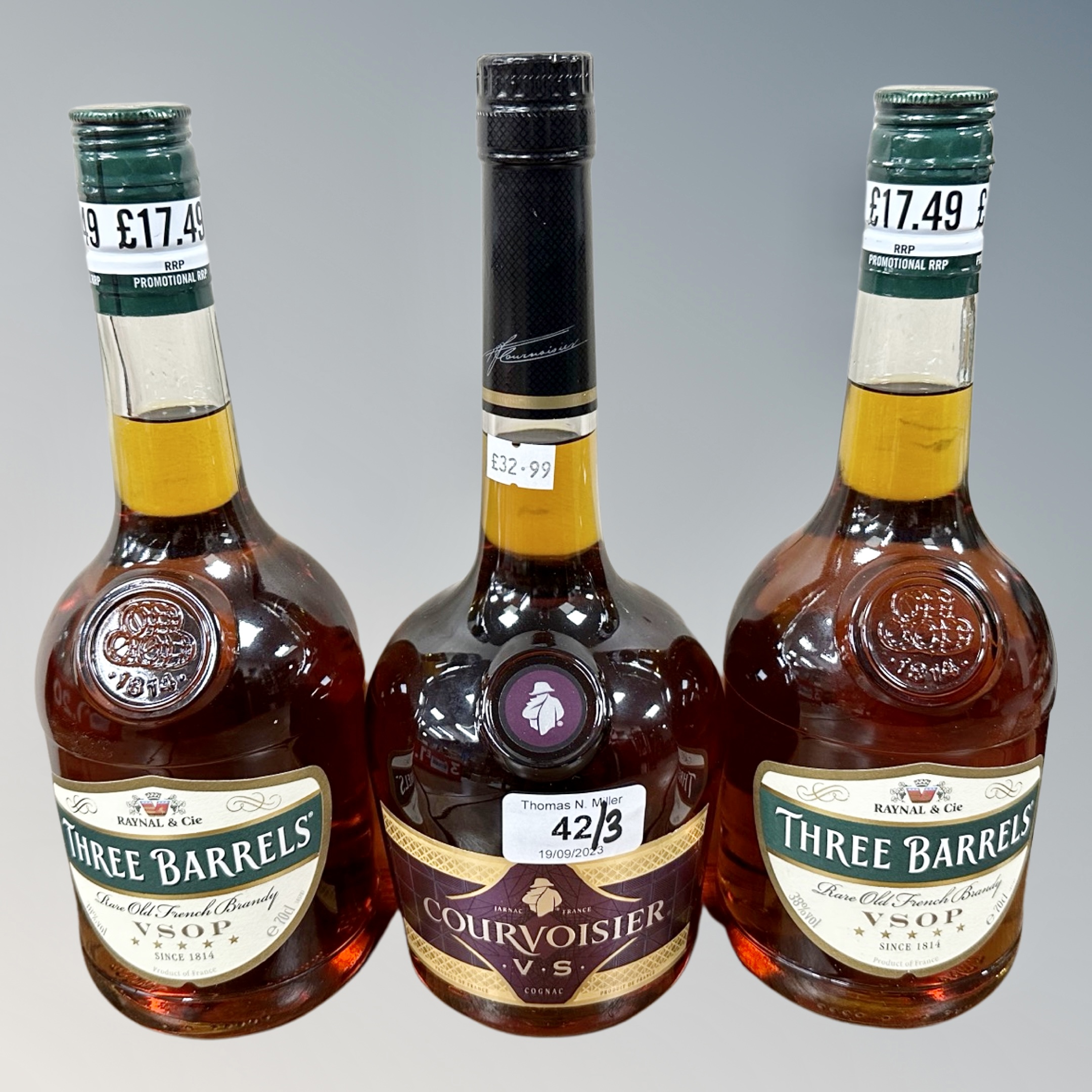 Three x Brandy : 2 x Three Barrels & 1 x Coursvoisier, each bottle 70 cl.