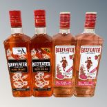 Four x London Beefeater Gin, Pink Strawberry and Blood Orange, each bottle 70 cl.