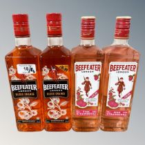 Four x London Beefeater Gin, Pink Strawberry and Blood Orange, each bottle 70 cl.